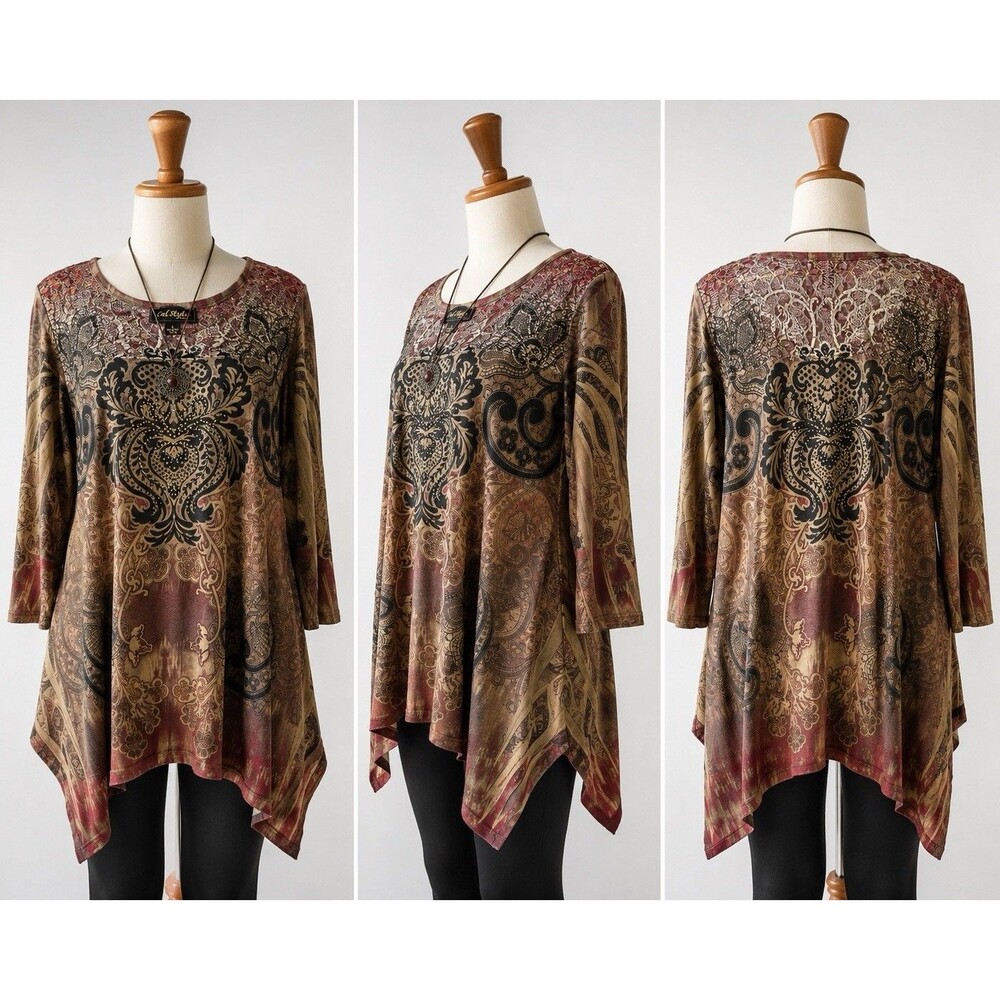 Cal Style USA Womens Large Boho Paisley Lace Sharkbite Tunic Top Y2K Festival